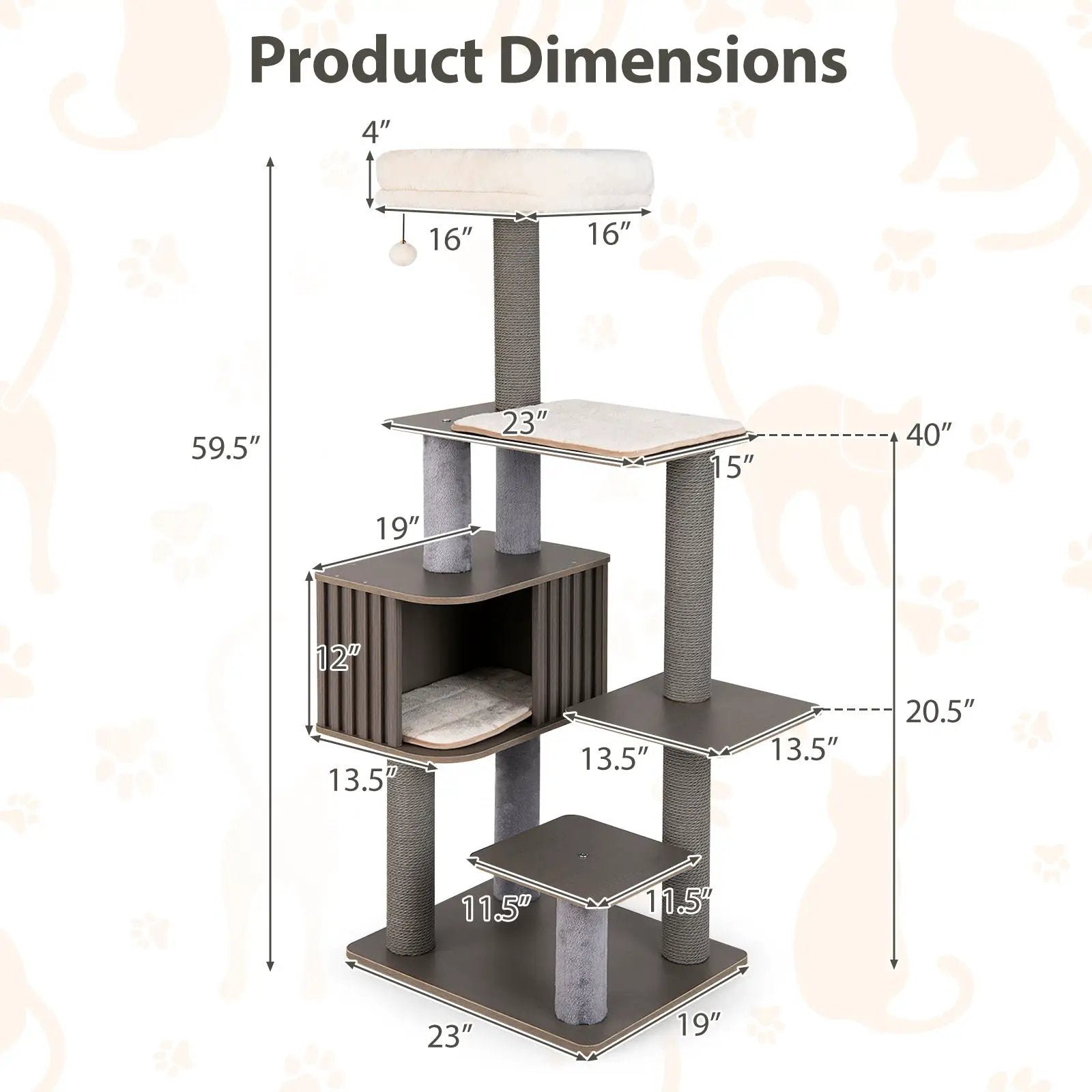 DirectDeals multi-level cat tree, 59.5-inch tall indoor cat tower with cushioned top perch and gray sisal posts