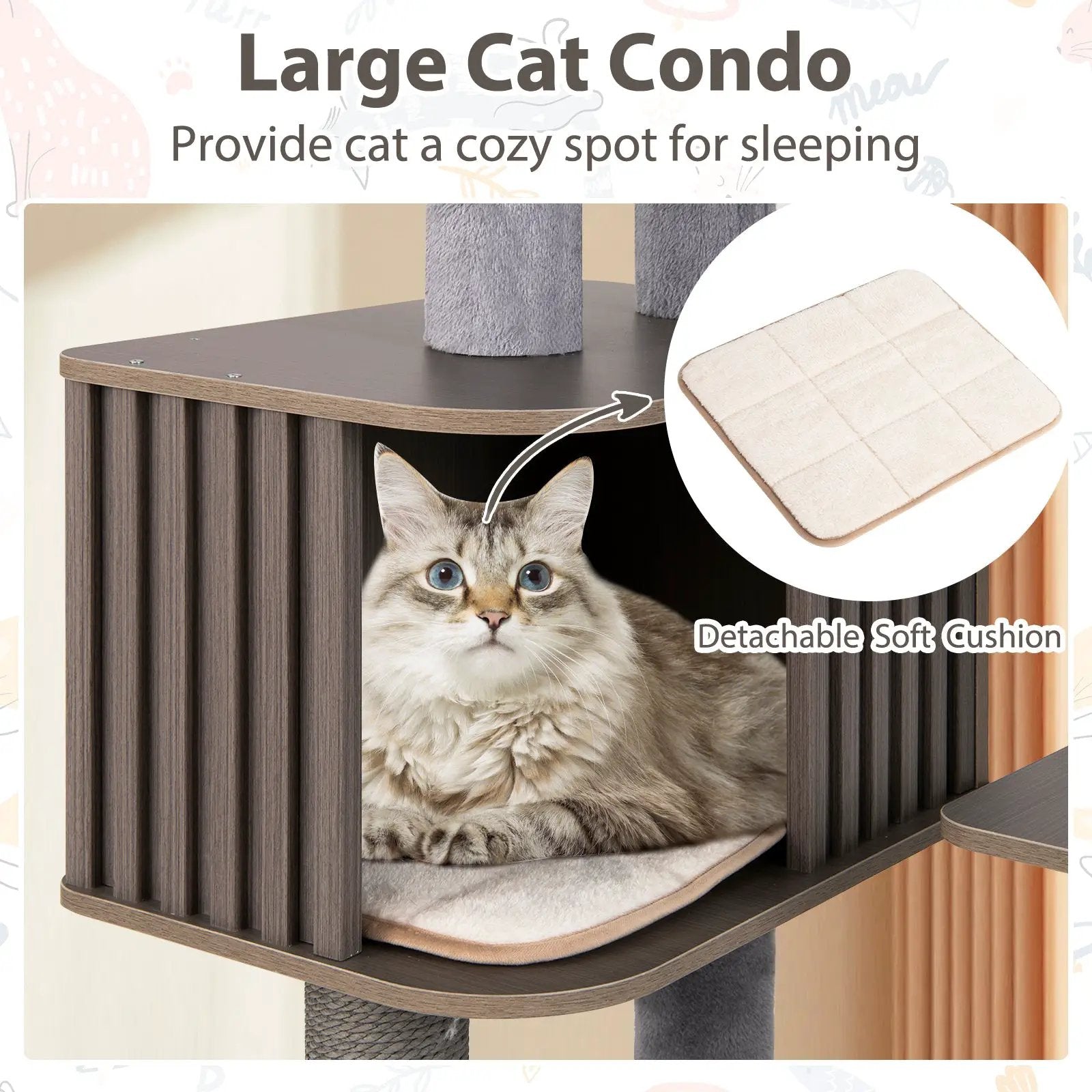 Multi-level cat tree 59.5-inch tall with dark wood finish, gray posts, and detachable beige cushion