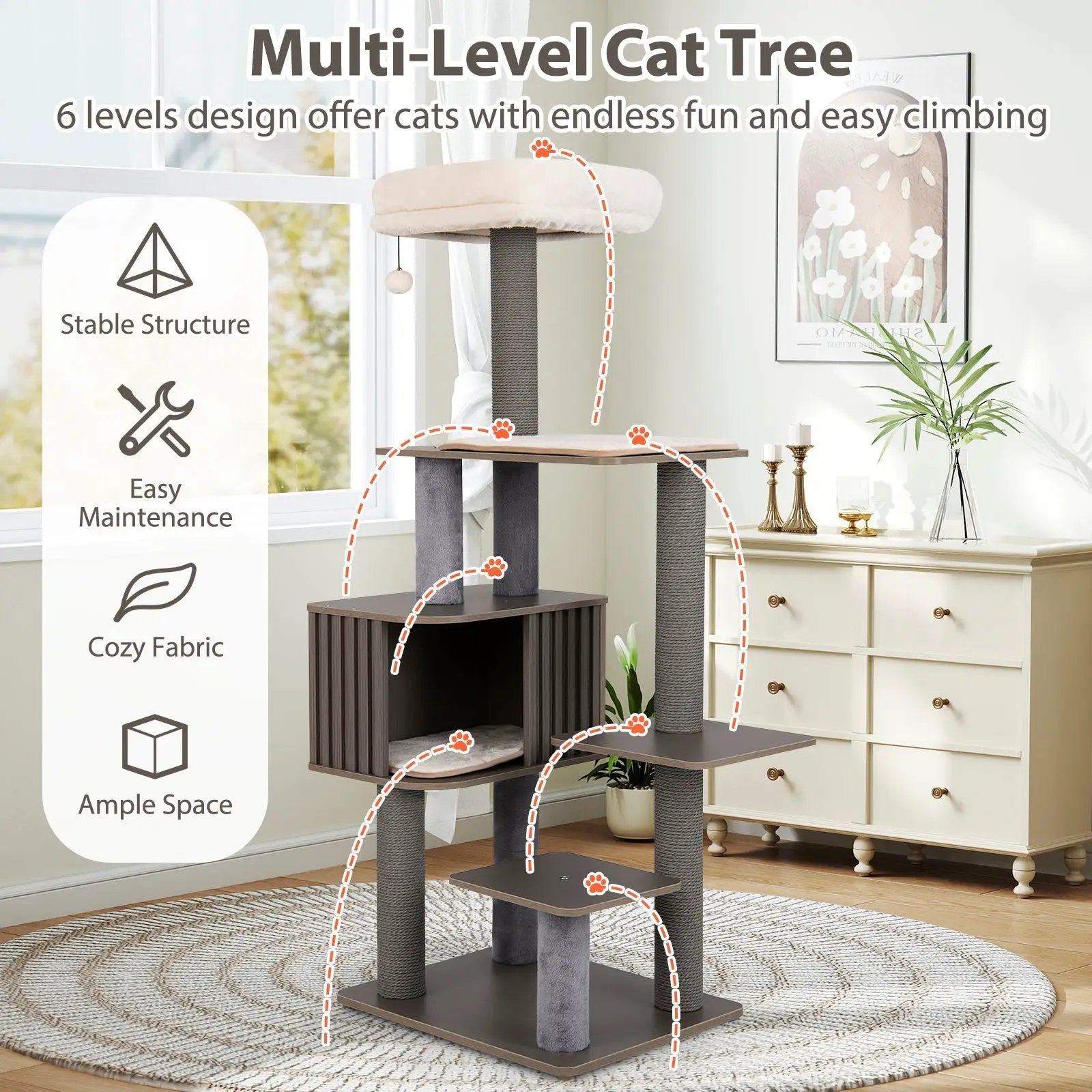 Multi-level cat tree for indoor cats, 59.5-inch tall with beige cushioned top perch and sisal posts