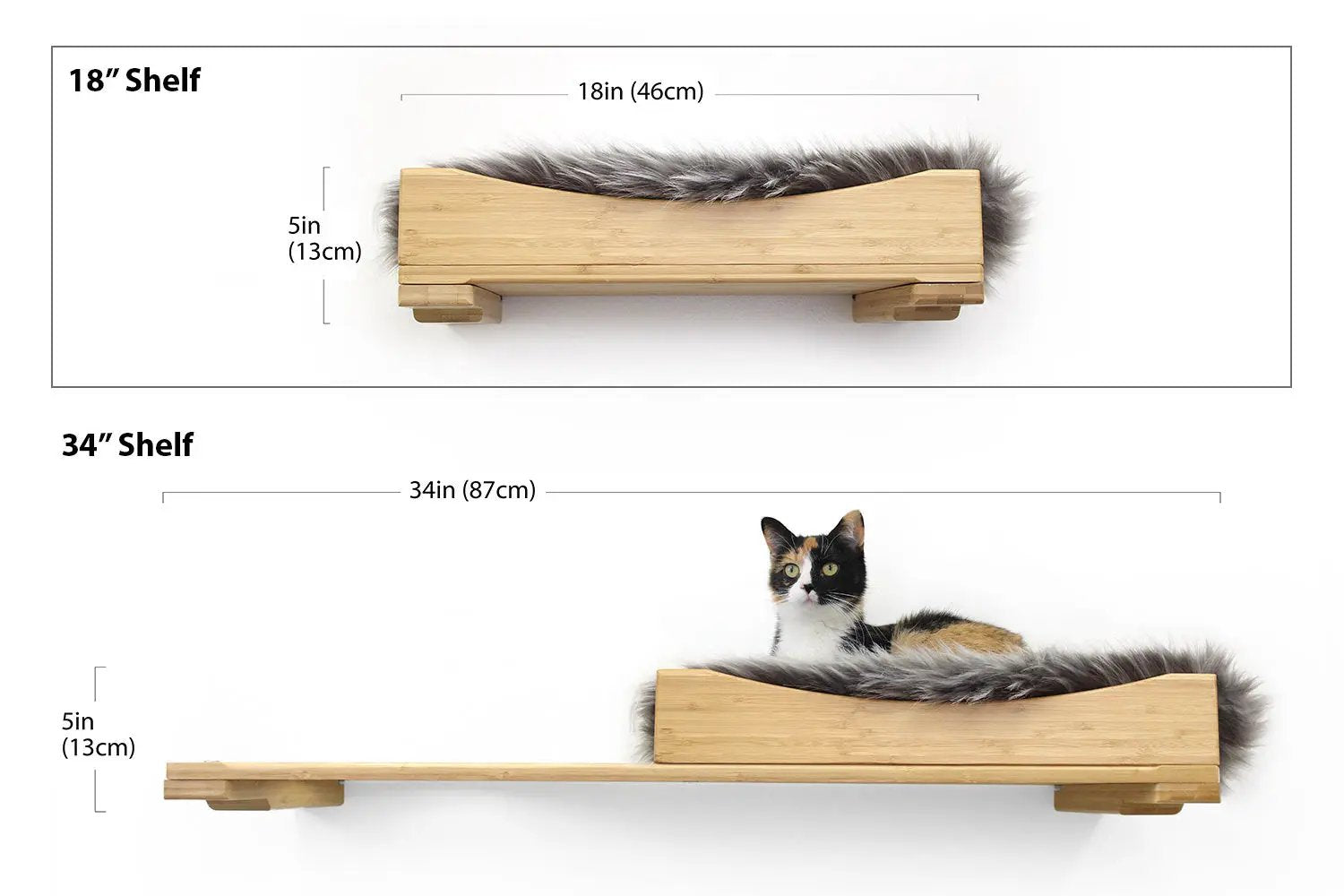 Cat Nest Bed by Catastrophic Creations; wooden cat shelf with fur-lined nest, shown in 18in and 34in sizes.