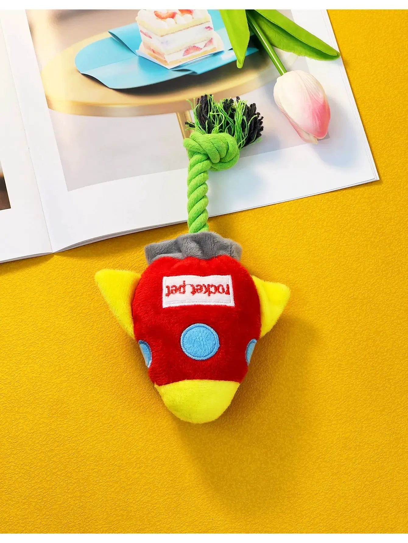Rocket Shaped Plush Rope Dog Toy Soft Squeaky Chew For Small Puppies by Jane's Pet Boutique
