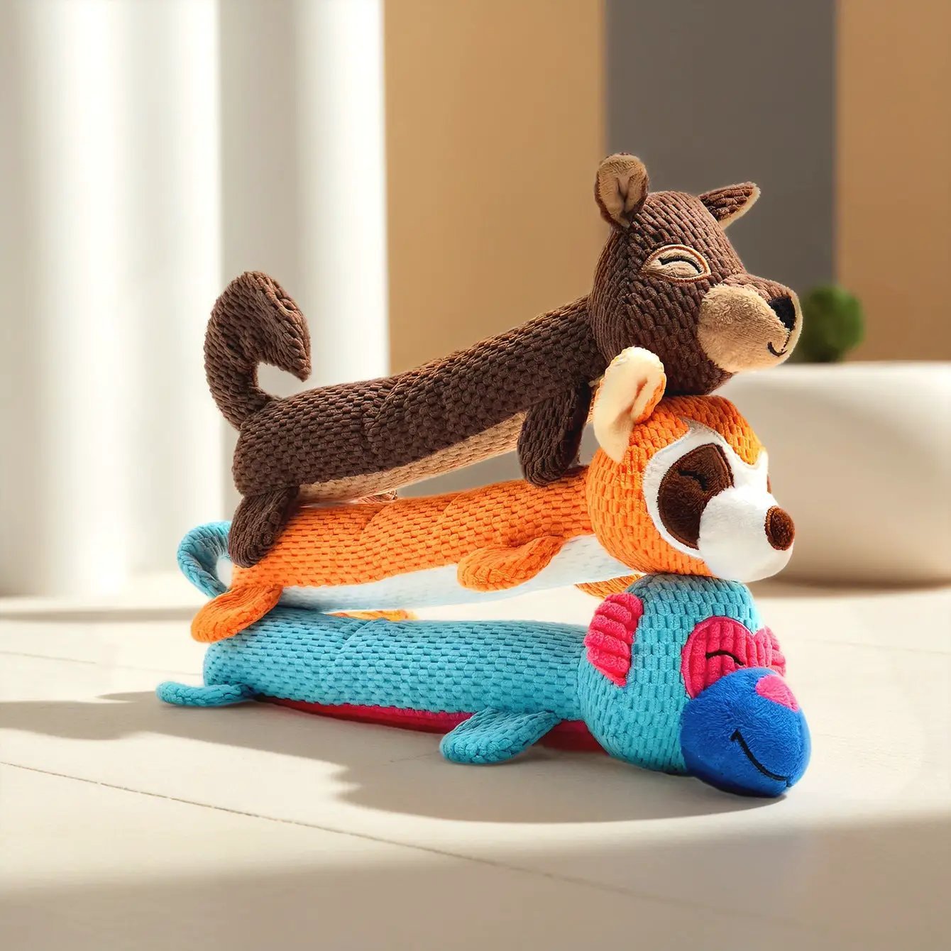 PawPlay Cute Animal Plush Dog Toy Squeaky Chew Toy For Puppies With Soft Corduroy Texture Brown Donkey Style by Jane's Pet Boutique