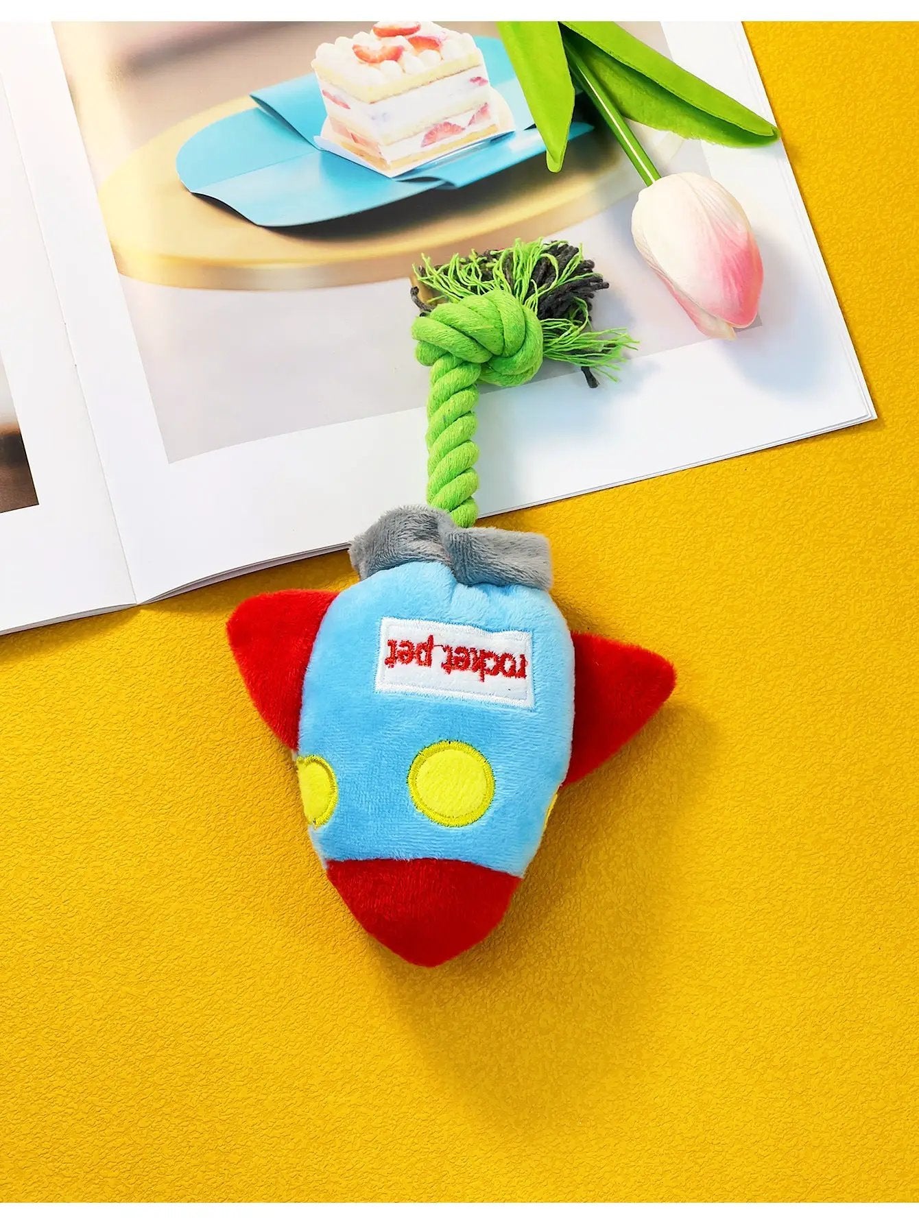 Rocket Shaped Plush Rope Dog Toy Soft Squeaky Chew For Small Puppies by Jane's Pet Boutique