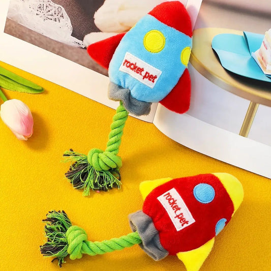 Rocket Shaped Plush Rope Dog Toy Soft Squeaky Chew For Small Puppies by Jane's Pet Boutique