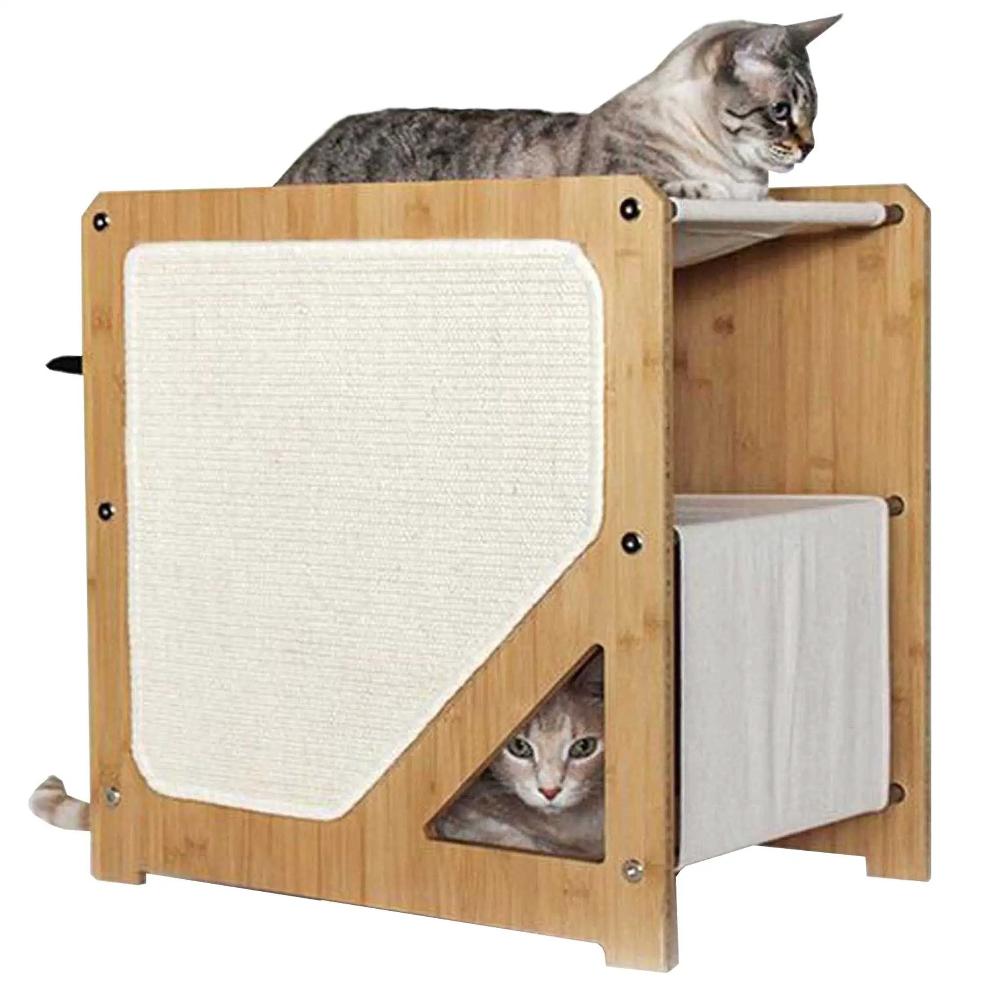 The Grotto Short Cat Tree for Small Spaces by Catastrophic Creations, wooden cat condo with beige sisal panel.