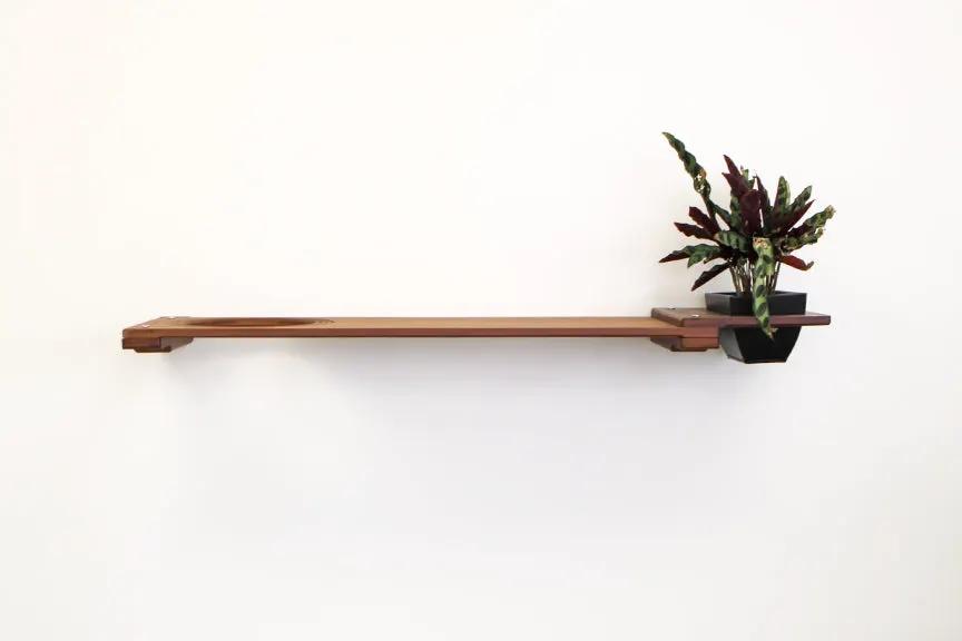 Cat Plant Stand for Wall, wooden cat shelf by Catastrophic Creations with planter on the end.