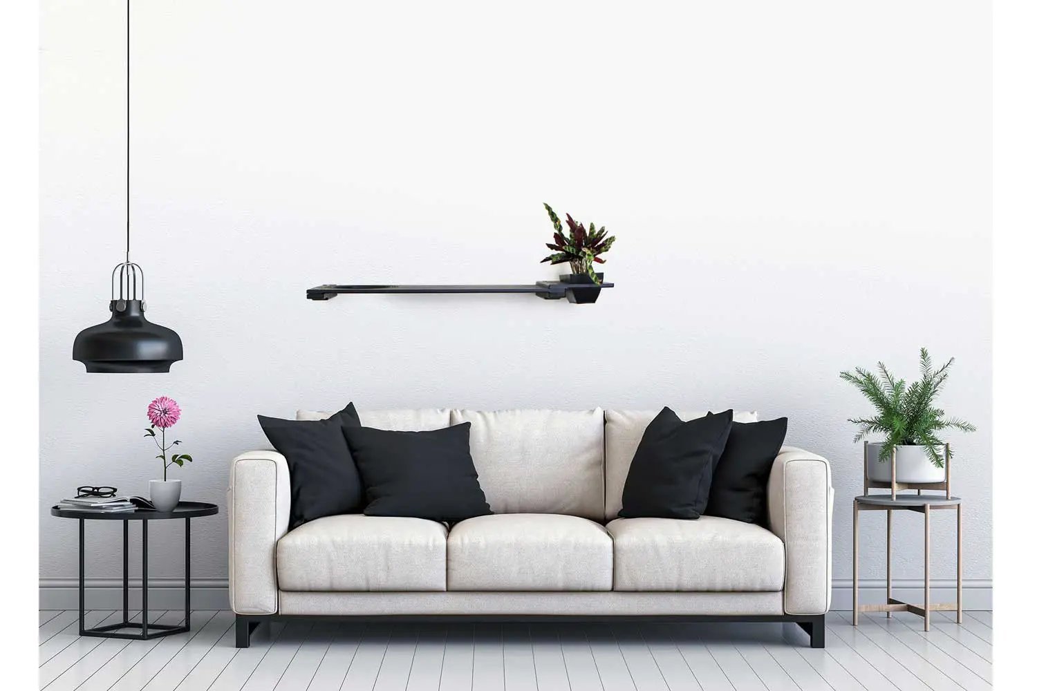 Cat Plant Stand for Wall by Catastrophic Creations; black wall-mounted cat shelf with small planter.