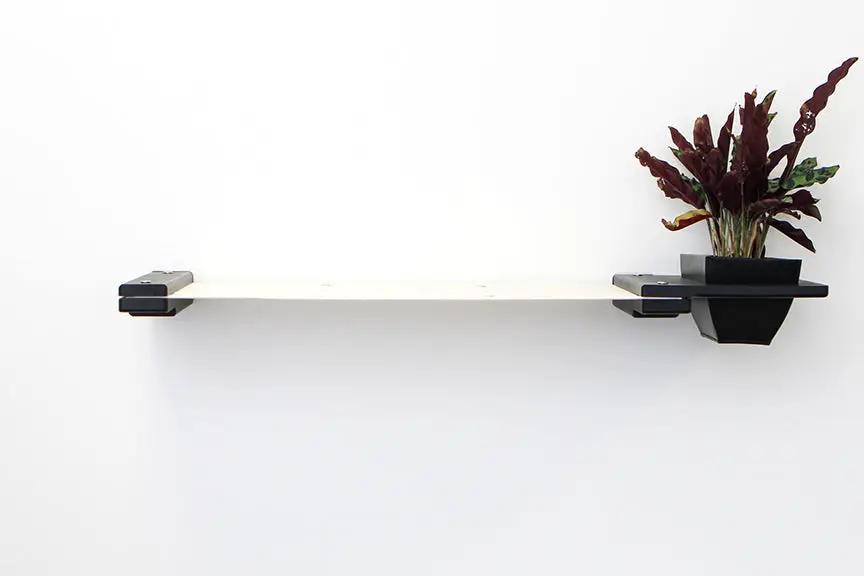 Cat Hammock Wall with Planter by Catastrophic Creations; light wood shelf with black brackets and planter.
