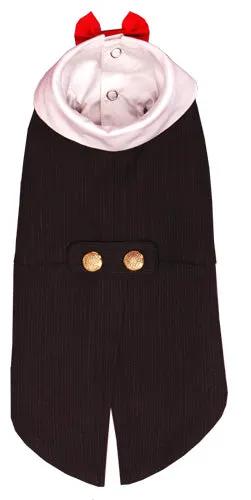 Ruff Ruff black pinstriped dog tuxedo with red bow tie, pale contrasting collar, gold-tone back buttons, and split tails.