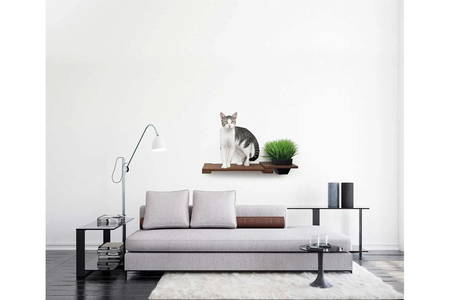 Cat Plant Stand for Wall by Catastrophic Creations; wooden wall shelf with a cat and a potted plant
