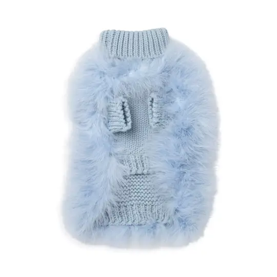Haute Couture Feathered Luxury Pet Sweater for dogs, light blue knit with fluffy fur trim