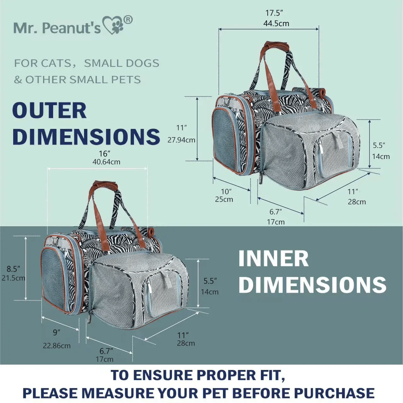 Mr. Peanut's Gold Series airline-compliant expandable pet carrier with zebra-print exterior and gray inner module.