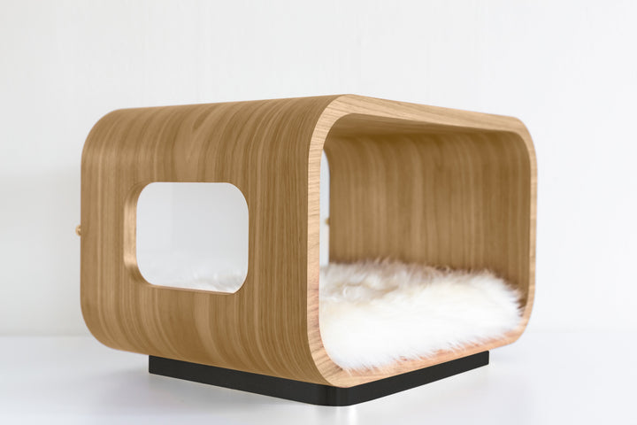 LUNA Modern Cat Bed &amp; Side Table, White Oak
