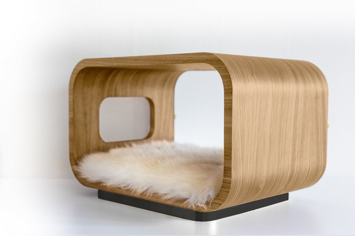 LUNA Modern Cat Bed &amp; Side Table, White Oak
