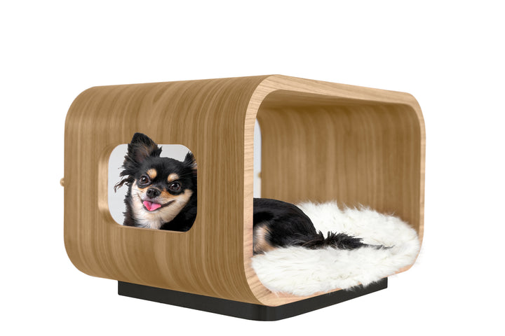 LUNA Modern Cat Bed &amp; Side Table, White Oak