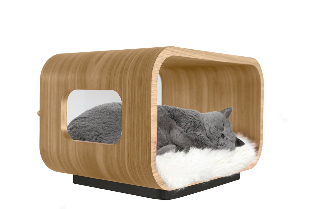 LUNA Modern Cat Bed &amp; Side Table, White Oak