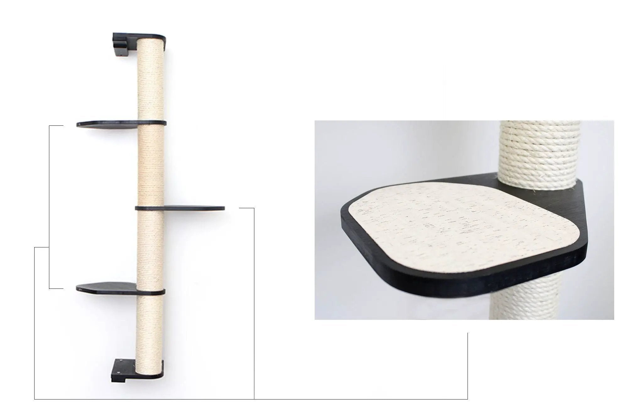 Wall Mounted Cat Climbing Pole - Sisal by Catastrophic Creations; beige rope with black circular shelves.