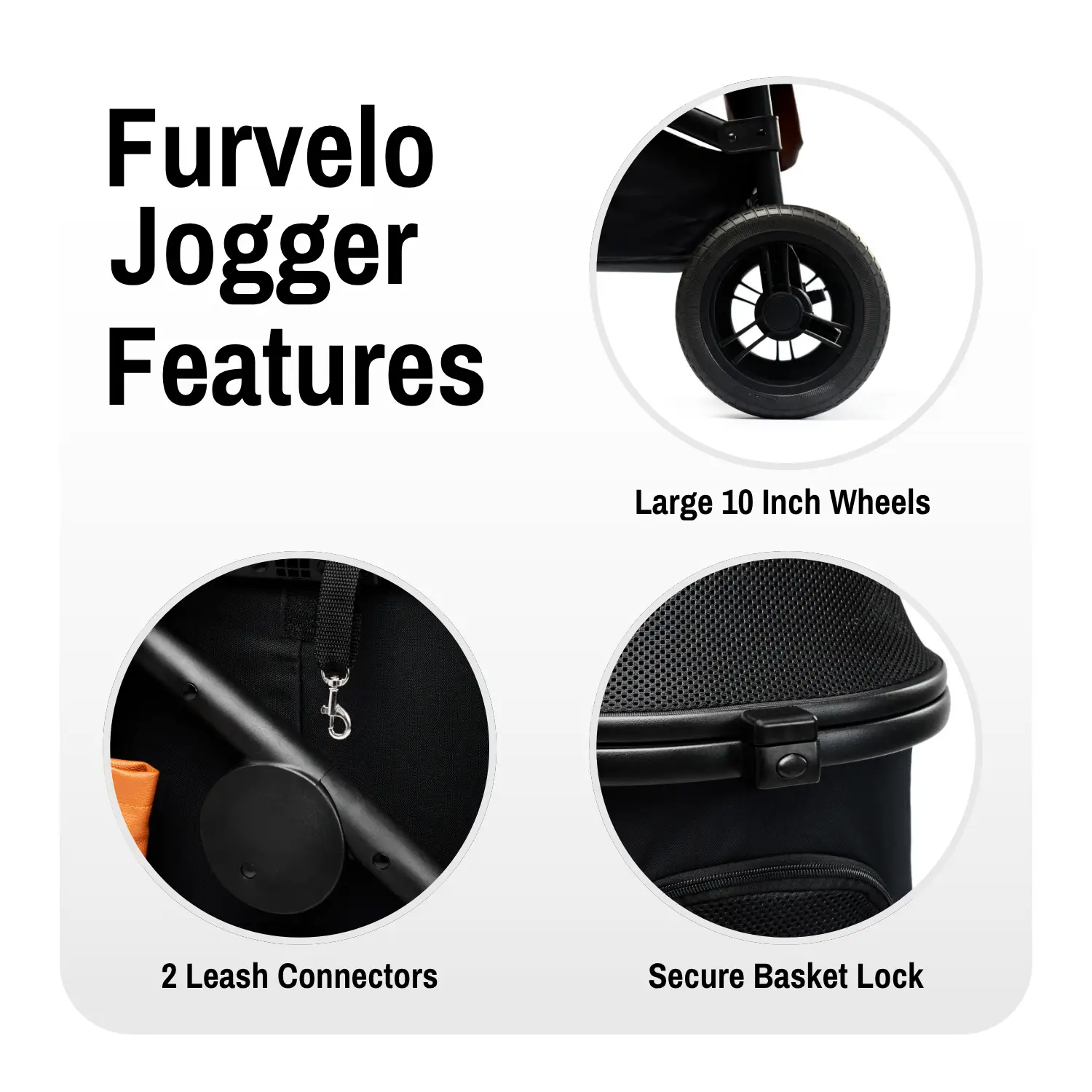 Furvelo Jogger Pet Stroller in black with large 10 inch wheels, 2 leash connectors, and secure basket lock