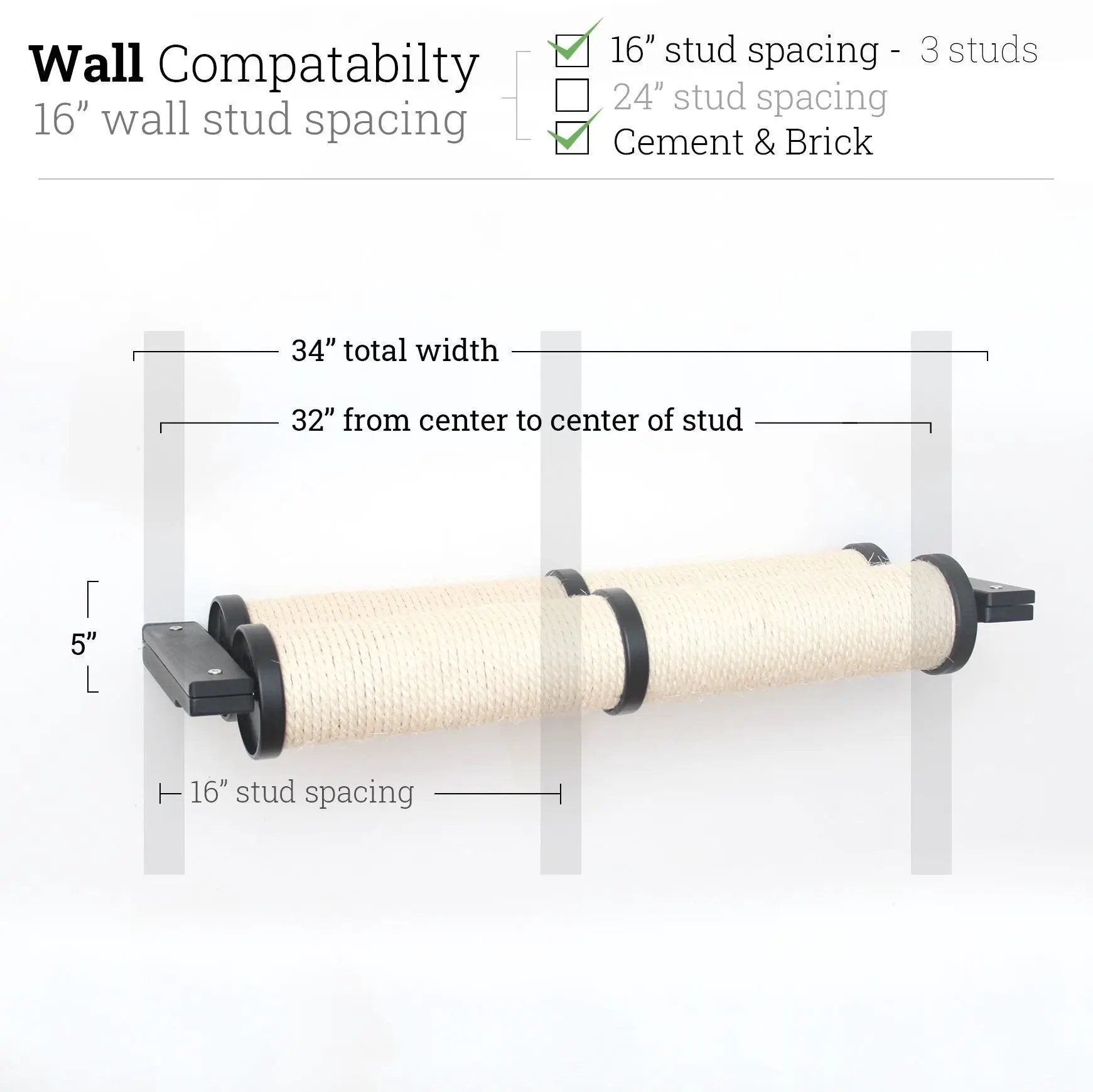 Horizontal cat scratcher with beige sisal rope, wall-mounted with black end caps.