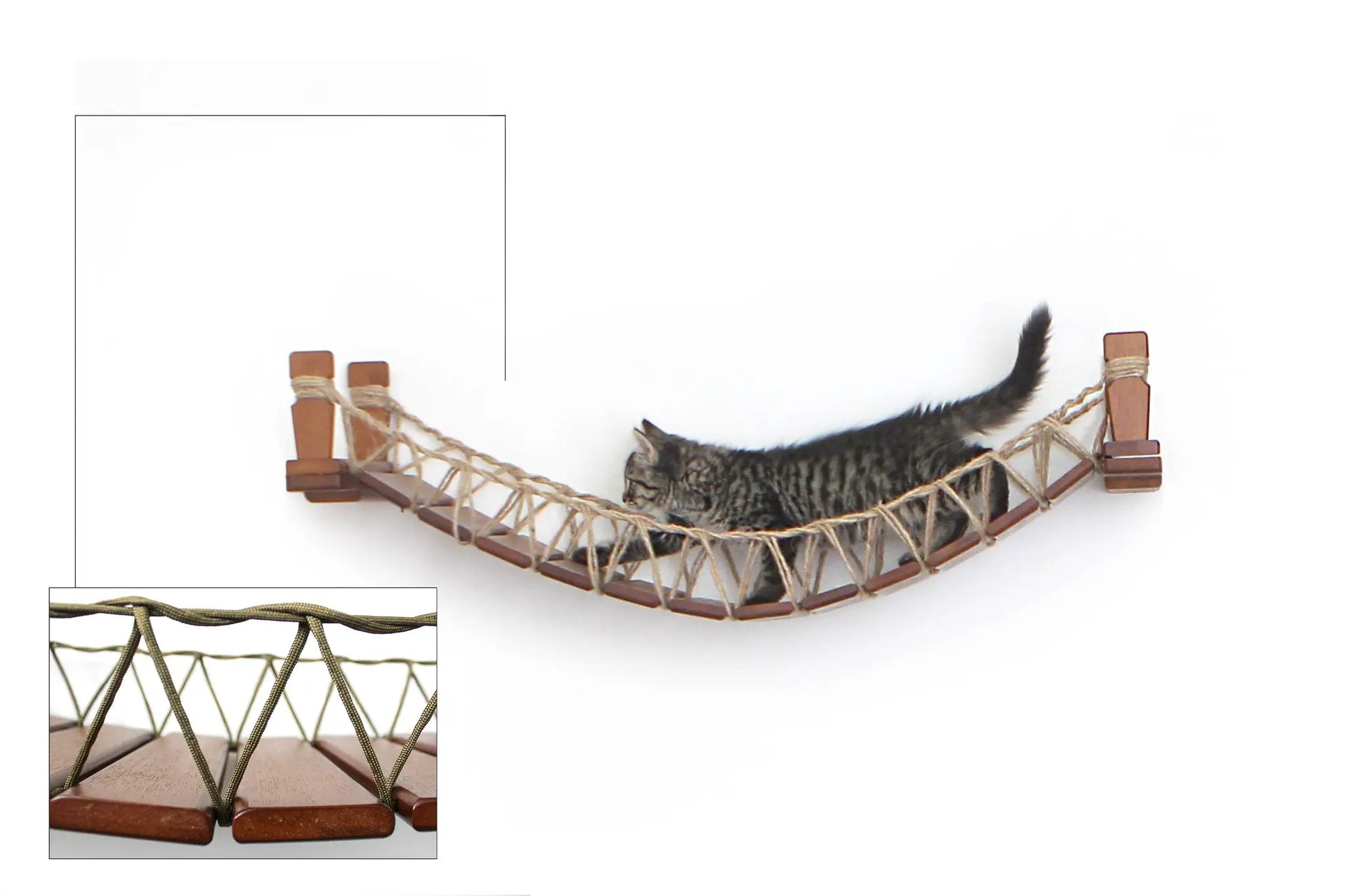 Cat Bridge for Wall, curved rope-and-wood cat perch with brown ends