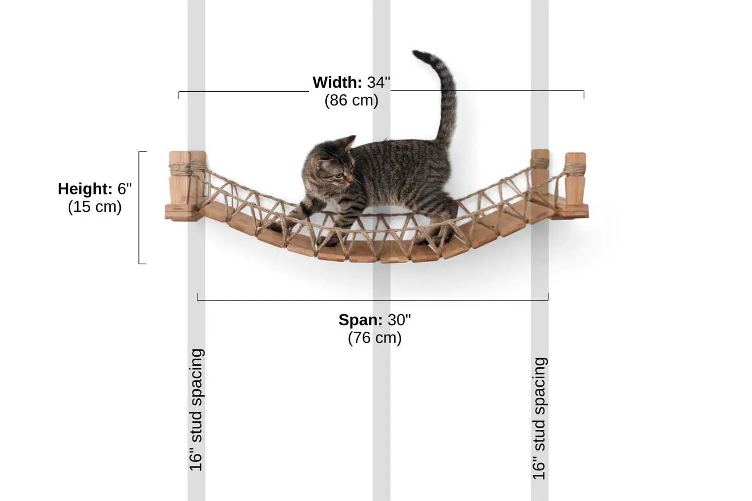 Cat Bridge for Wall, wooden hanging cat perch with rope lattice; 34in wide, 30in span, 6in high.