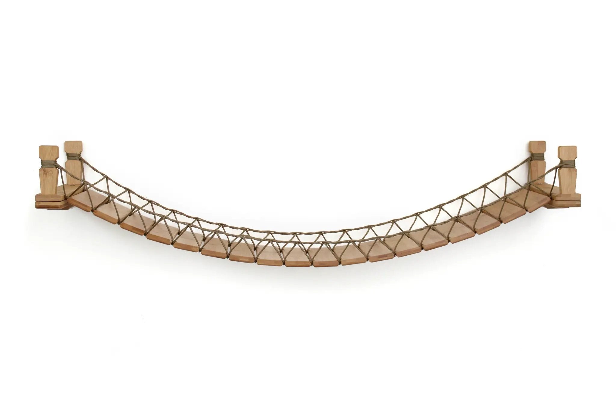 Cat Bridge for Wall by Catastrophic Creations; natural wood slats on brown rope lattice