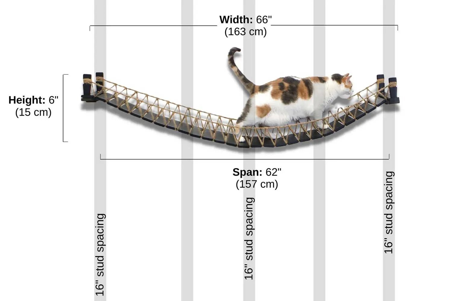 Cat Bridge for Wall by Catastrophic Creations; natural rope cat perch spans 62 inches.