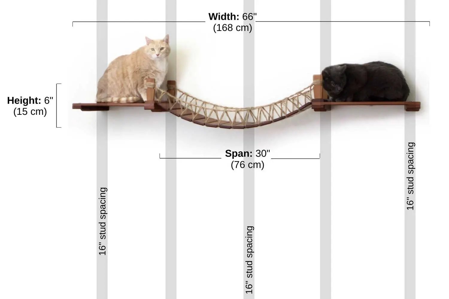 Cat Wall Bridge and Shelf Set by Catastrophic Creations; brown wood shelves with a woven rope bridge, two cats perched, 30-inch span.
