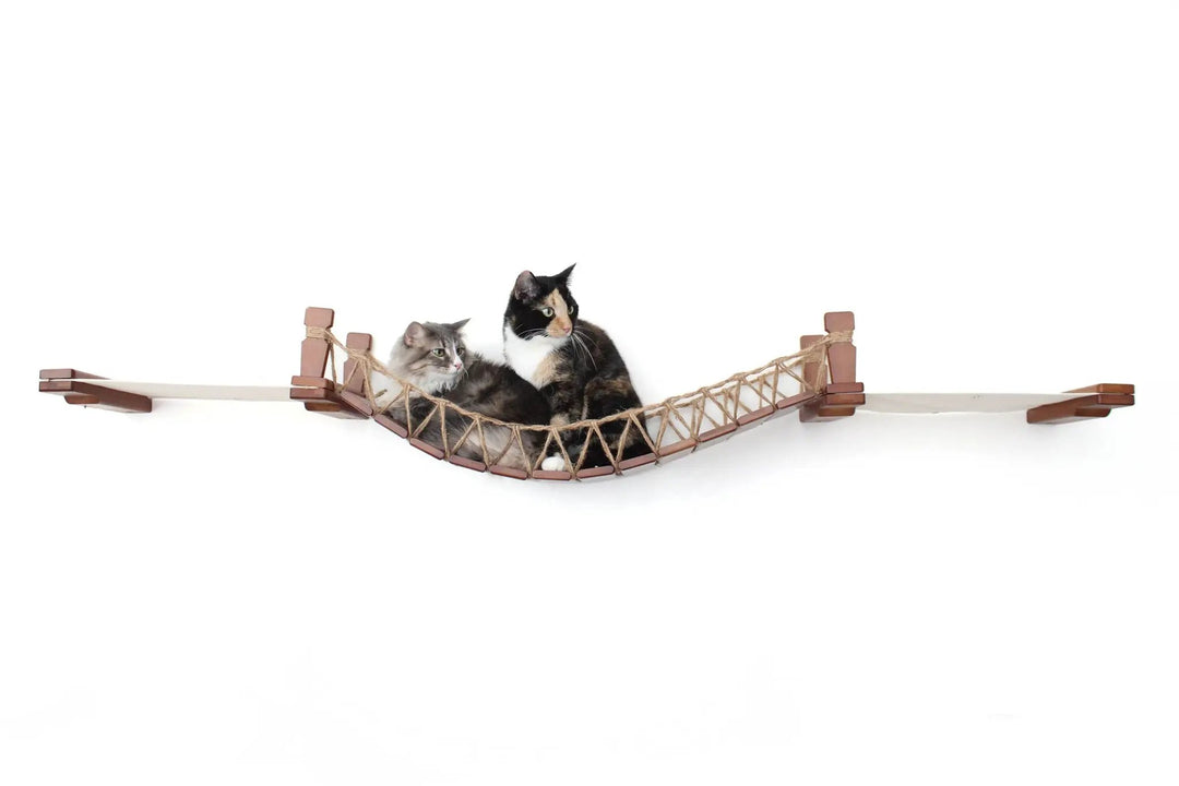 Double Cat Hammock and Climbing Bridge Combo, Catastrophic Creations, rope hammock with wood supports, two cats.