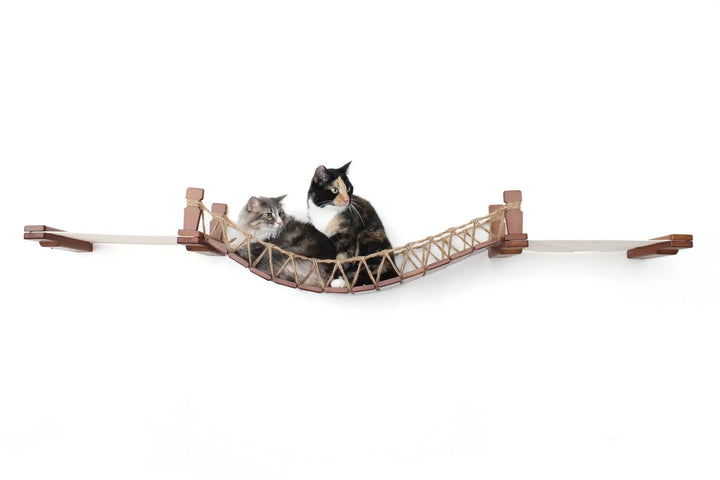 Double Cat Hammock and Climbing Bridge Combo, Catastrophic Creations, rope hammock with wood supports, two cats.