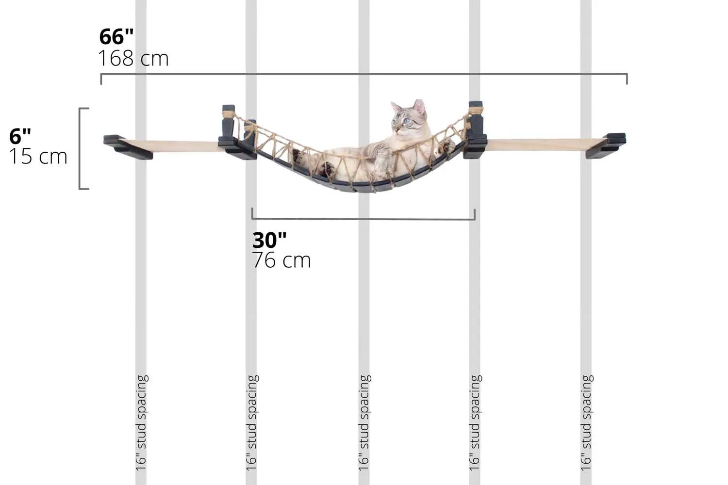Double Cat Hammock and Climbing Bridge Combo by Catastrophic Creations; natural wood planks with beige rope hammock