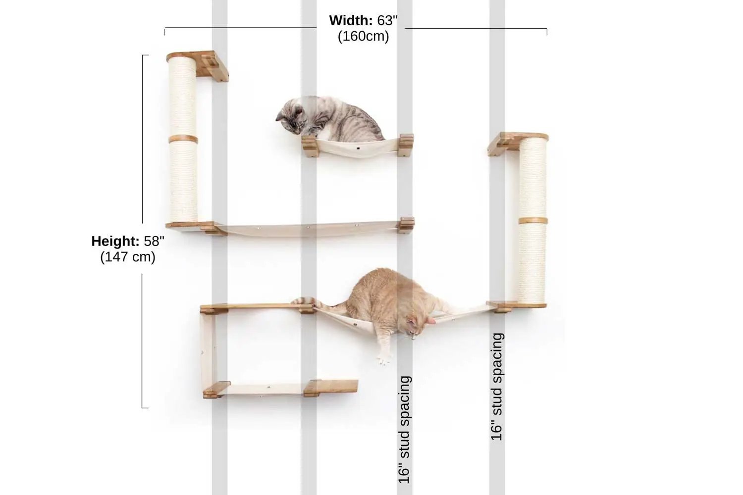 The Roman wall-mounted cat condo by Catastrophic Creations; wooden shelves with sisal posts, 2 cats.