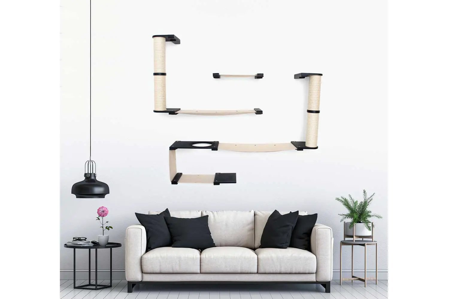 The Roman - A Wall Mounted Cat Scratcher Tree in beige sisal with black brackets and multi-tier platforms