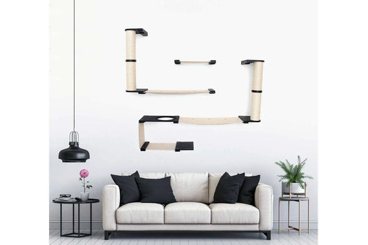 The Roman - A Wall Mounted Cat Scratcher Tree in beige sisal with black brackets and multi-tier platforms