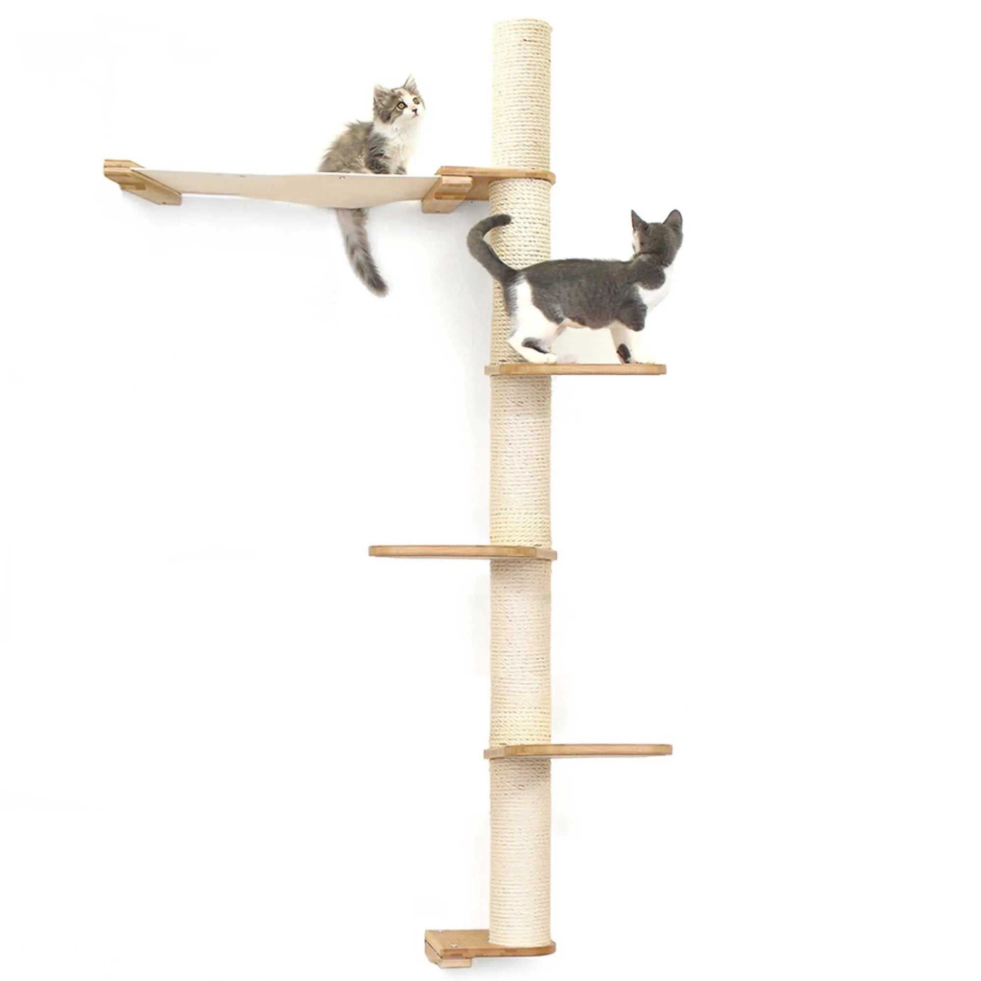 The Crow's Nest wall cat scratcher with hammock by Catastrophic Creations; tall sisal post with wooden platforms, 2 cats.
