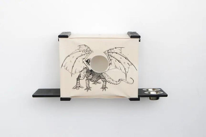 Deluxe Cat Cubby Bed - beige wooden cat condo with round entry hole and dragon illustration.