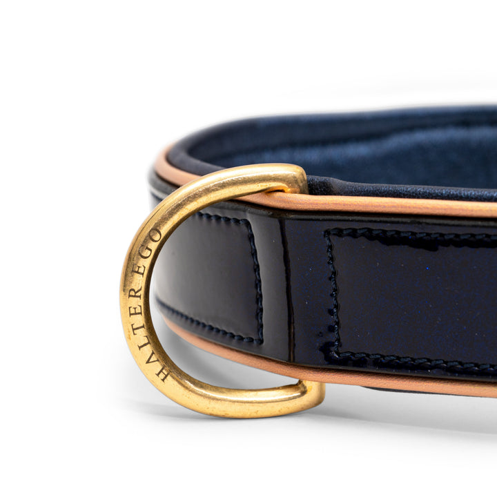 Halter Ego Revolution Blue Patent Leather Dog Collar, close-up of the lining and D-ring