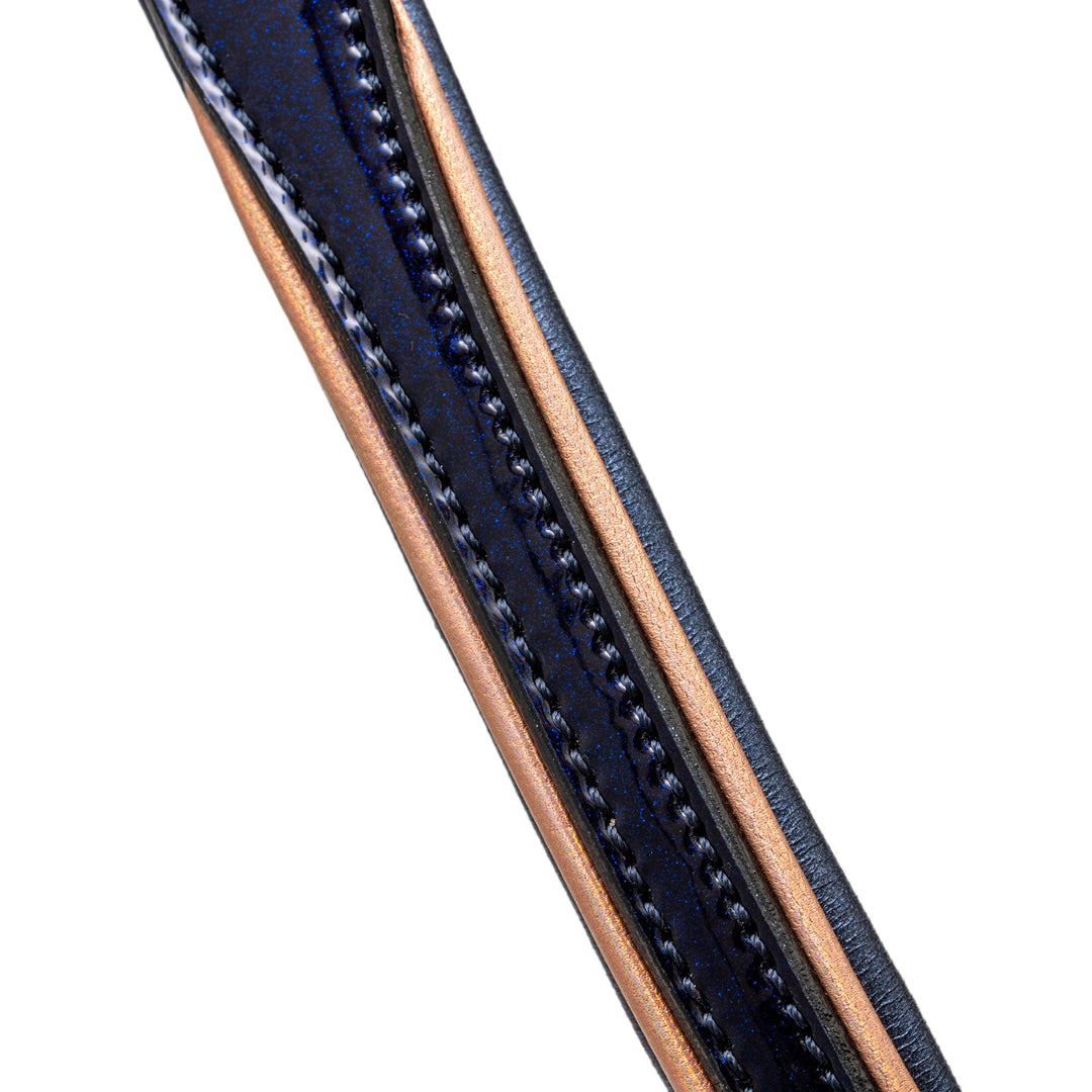 Halter Ego Revolution Blue Patent Leather Dog Leash, close-up of the leather detailing