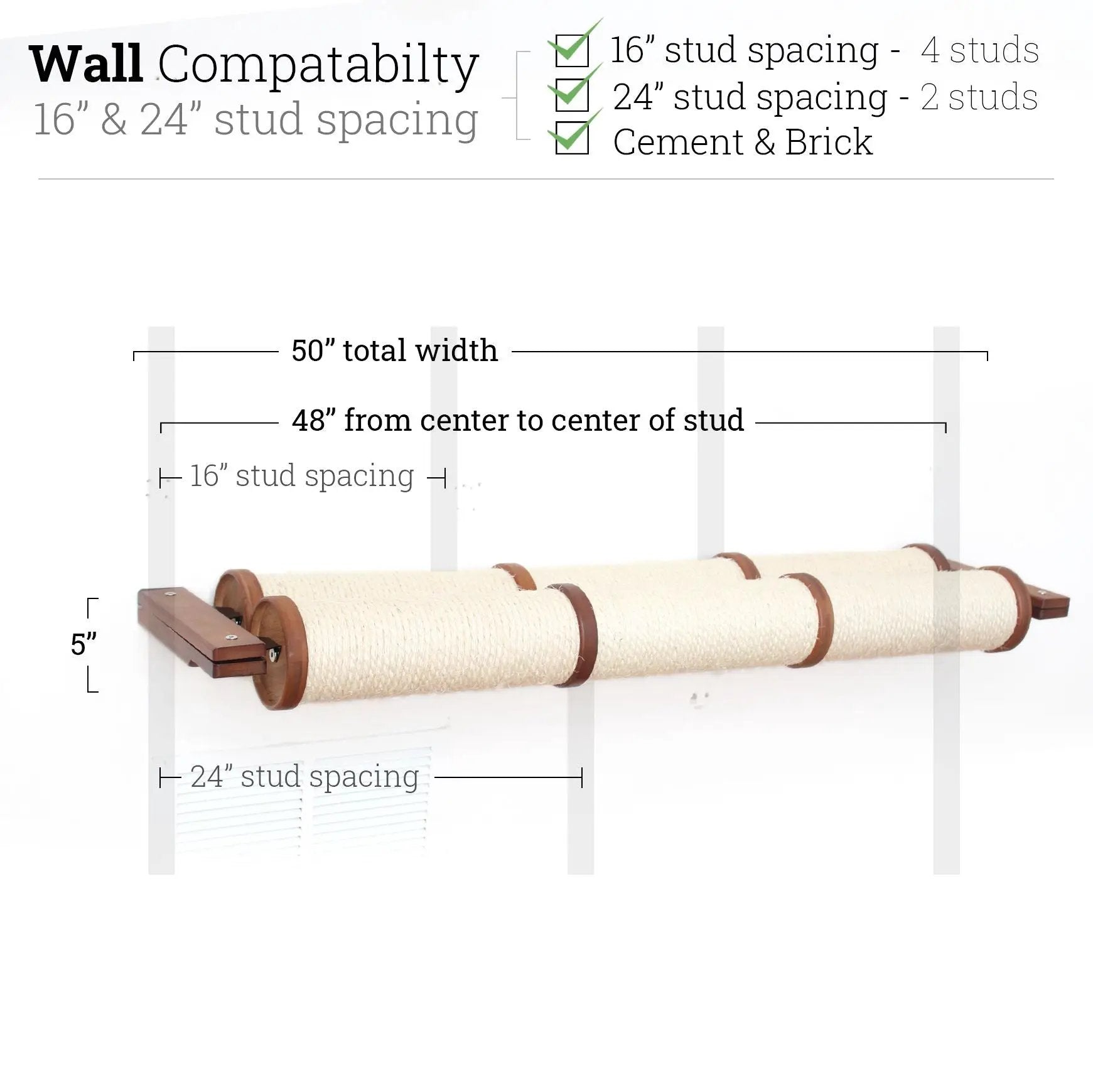 Horizontal cat scratcher wall-mounted with beige sisal posts and wooden end caps, 50" wide