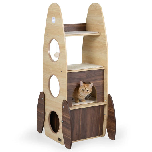 Rocket 47 Inch Large Wooden Cat Tree Natural Sisal Scratcher Indoor by DirectDeals