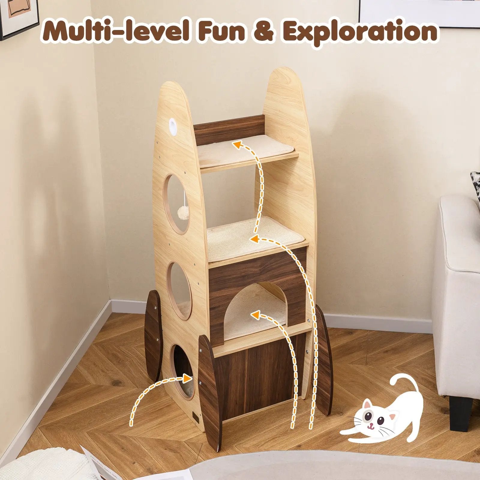 Rocket 47 Inch Large Wooden Cat Tree Natural Sisal Scratcher Indoor by DirectDeals