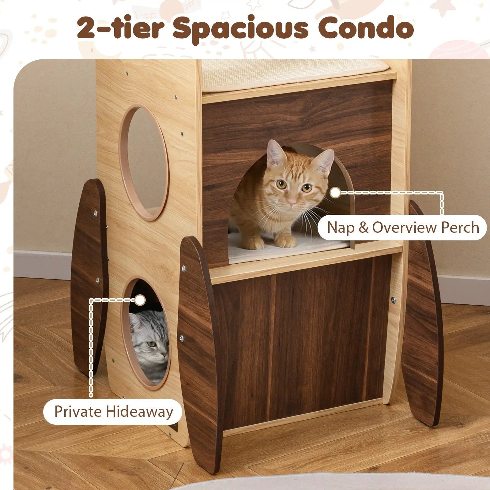 Rocket 47 Inch Large Wooden Cat Tree Natural Sisal Scratcher Indoor by DirectDeals