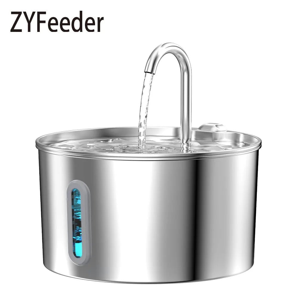Round stainless steel fountain with curved spout and water-level window