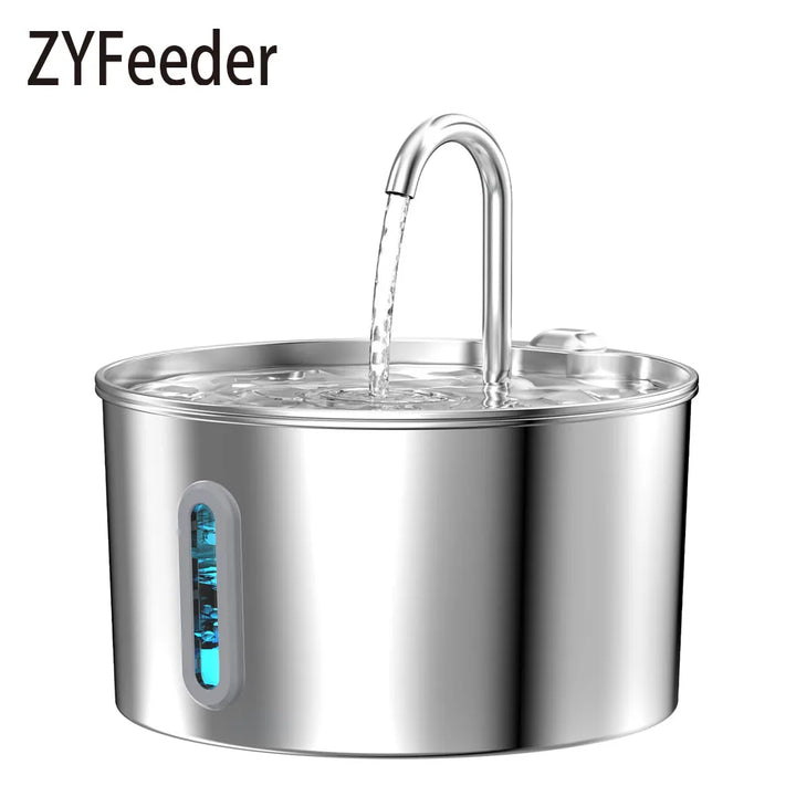 Round stainless steel fountain with curved spout and water-level window