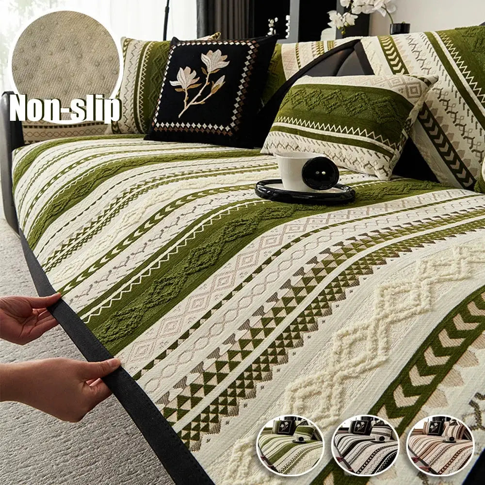 Topspet couch cover for sofas in green beige geometric pattern with non-slip surface