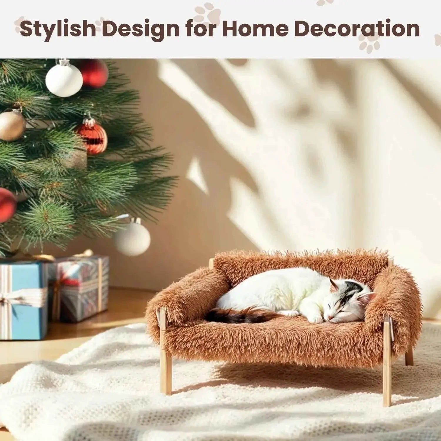 Raised Cat Sofa Plush Elevated Couch With Wooden Legs For Small Dogs by Cozy Kawaii
