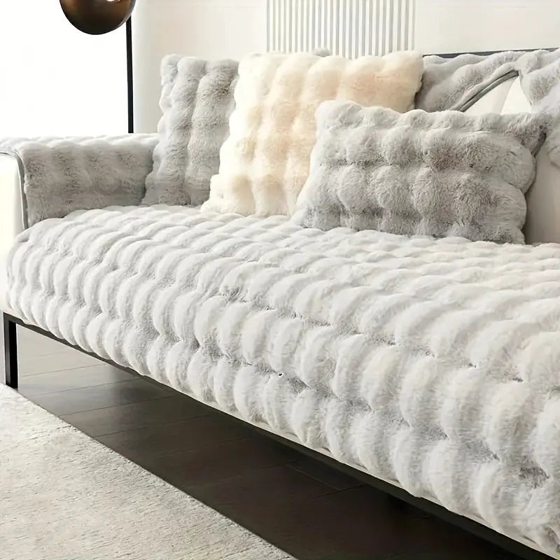 Velvet Couch Cover by topspet on a light gray sofa with plush fur cushions