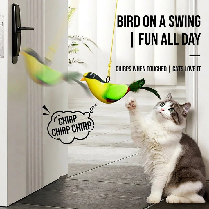 Cat reaching for hanging bird