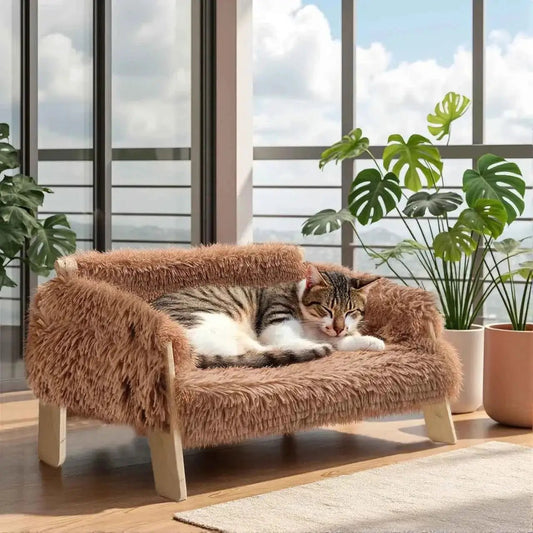 Raised Cat Sofa Plush Elevated Couch With Wooden Legs For Small Dogs by Cozy Kawaii