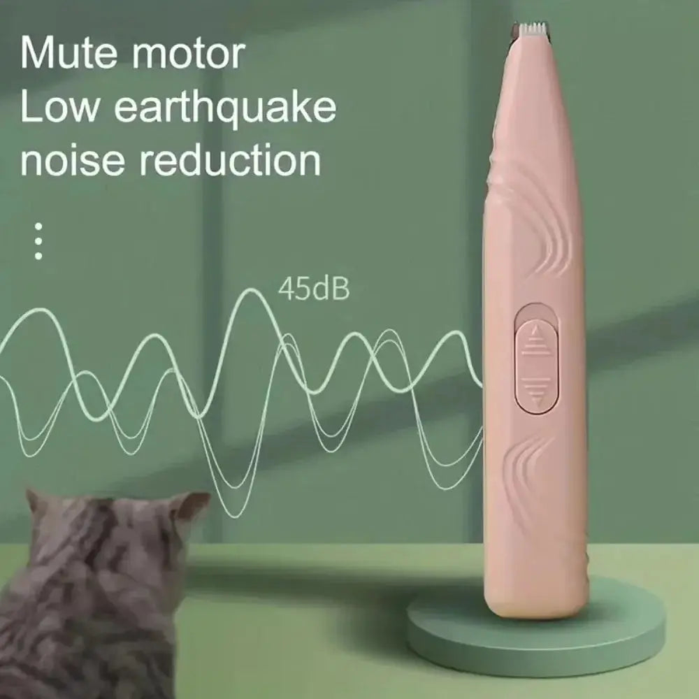 Electric pet trimmer Whisker House, pink handheld trimmer for cats and dogs on a green stand.